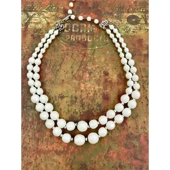 VTG Hobe White Glass Bead Necklace Layered Signed 16" 1960's Rare - Picture 1 of 15
